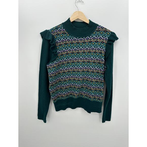 Loft Women Green Geo Jacquard Ruffle Mock Neck Sweater Size L Fall Winter Career - Picture 1 of 8